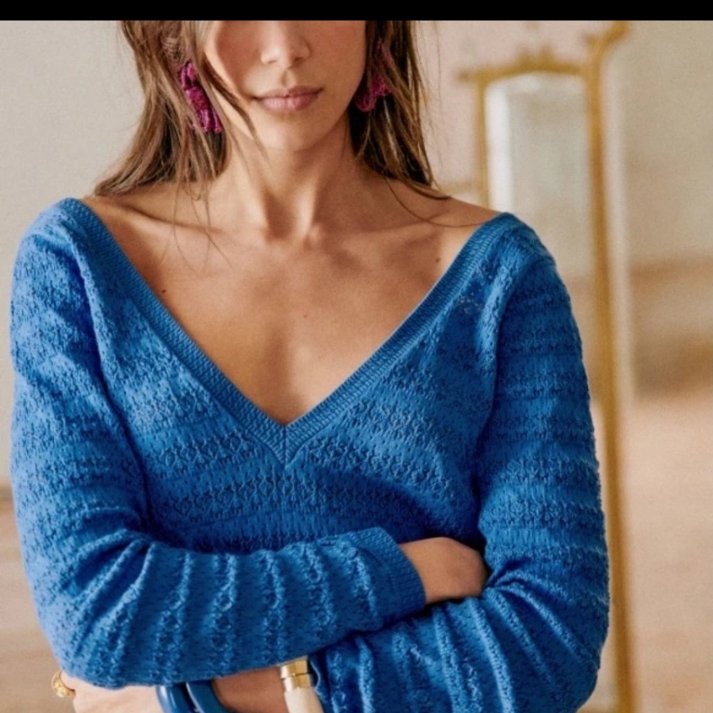 Sezane Blue V Neck V Back Lace Sweater